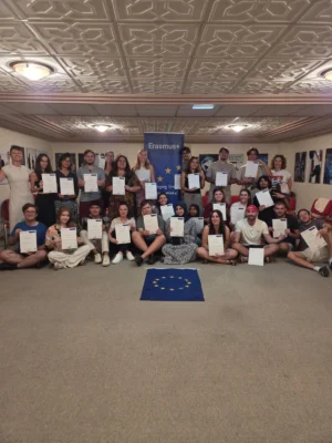 Participants from four countries holding their certificates at the closing ceremony of the Pause and Breathe mindfulness youth exchange in Paphos.
